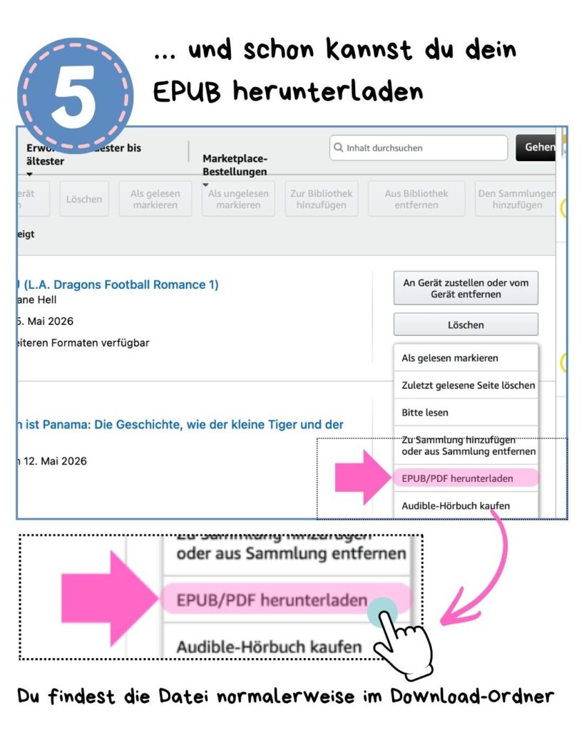 Amazon E-Book als EPUB herunterladen – Menüoption EPUB/PDF herunterladen
